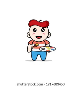 Cute boy character wearing painter costume. Mascot design concept