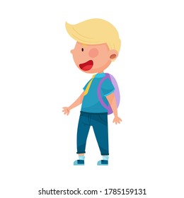 Cute Boy Character Wearing School Uniform and Backpack Walking to School Vector Illustration