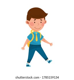 Cute Boy Character Wearing School Uniform and Backpack Walking to School Vector Illustration
