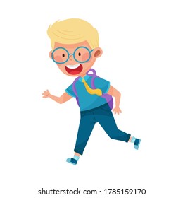 Cute Boy Character Wearing School Uniform and Backpack Running to School Vector Illustration
