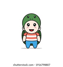 Cute boy character wearing turtle costume. Mascot design concept