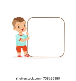 Cute boy character with white square empty message board, kid standing with placard vector Illustration