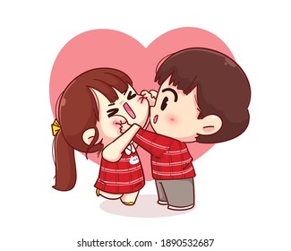 Cute boy cheek pinching his girlfriend Happy valentine cartoon character illustration Premium Vector