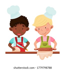 Personajes de Chef Cute Boy con Apron y Sombrero con la Ilustración de Vector Dough