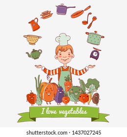 Cute boy in chef uniform with kitchen utensils set. Little child cook with fresh vegetables: cabbage, potato, tomato, carrot, eggplant, pepper, broccoli, beet, onion and pea in cartoon style
