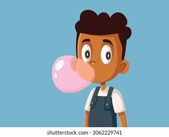 Cute Boy Chewing Gum Vector Cartoon Illustration. Happy little child popping gum bubbles
