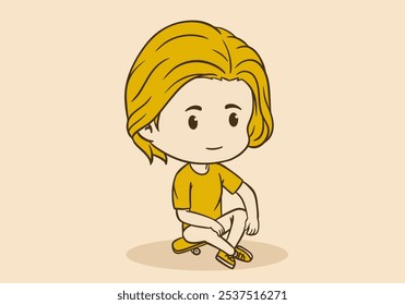 Cute boy chibi character illustration in sit on skateboard