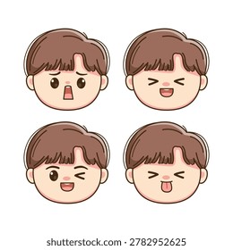 Cute Boy Chibi Face Expression Set Kawaii Cartoon Character Emoji Illustration