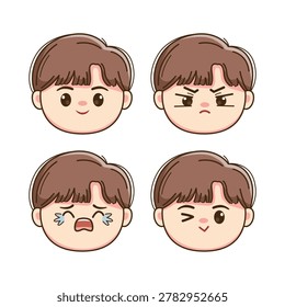 Cute Boy Chibi Face Expression Set Kawaii Cartoon Character Emoji Illustration