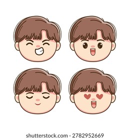 Cute Boy Chibi Face Expression Set Kawaii Cartoon Character Emoji Illustration