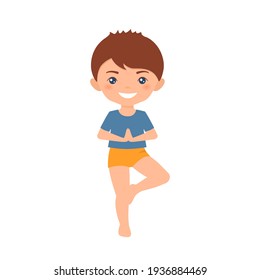 Cute Boy Chibi übt Yoga. Einzeln auf weißem Hintergrund. Cartoon-Flachstil. Vektorgrafik