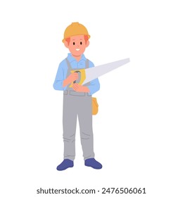 Cute boy child carpenter cartoon character holding manual saw isolated on white background