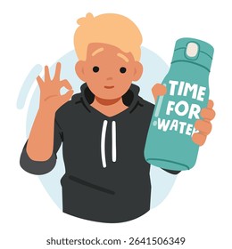 Cute boy child character offering plastic bottle of clean fresh water gesturing okay hand sign promoting healthy lifestyle and habits vector illustration with inspirational promotion quote lettering