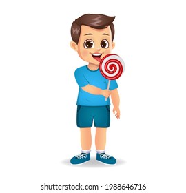cute boy child eat candy. isolated on white background