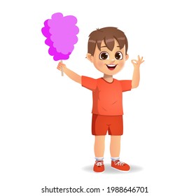 cute boy child eat cotton candy. isolated on white background