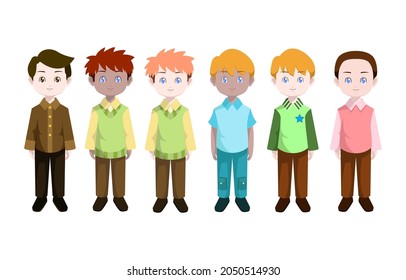 Cute Boy Child Kid Standing Front View Vector Cartoon Set