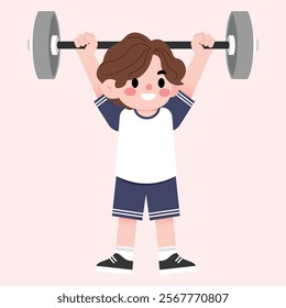 Cute Boy Child Lifting Weights Cartoon Illustration Fitness Exercise Strength Training