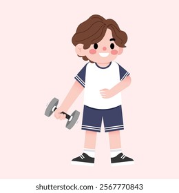 Cute Boy Child Lifting Weights Cartoon Illustration Fitness Exercise Healthy Lifestyle