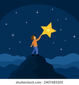 Cute boy child reach for the star in flat design.