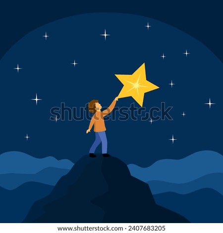 Cute boy child reach for the star in flat design.