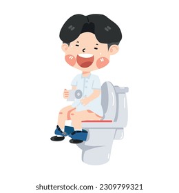 Cute boy child sitting on toilet with paper roll in hand