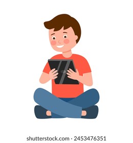 Cute boy child using tablet in flat design on white background.