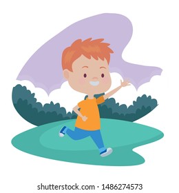 Cute boy children running, smiling and having fun cartoon at nature outdoors ,vector illustration graphic design.