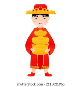 Cute boy in chinese national costume holding ingots in cartoon style for lunar new year decorative element