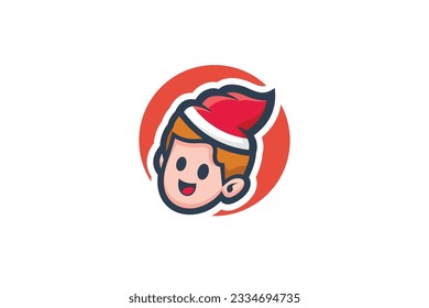 cute boy with christmas cap vector template logo design