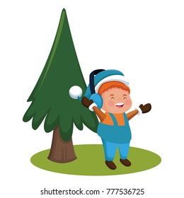 Cute boy and christmas tree cartoon