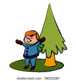 Cute boy and christmas tree cartoon