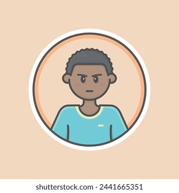 Nette Boy kreisförmige Avatar Illustration mit brauner Haut, schwarzen Haaren und genervtem Gesicht. Mittelblauer Pullover, orangefarbener Hintergrund, ikonischer Stil, Vektor-Linie, flach, Cartoon. Isoliert 100% voll skalierbar.
