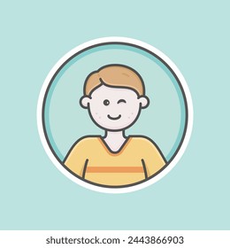 Cute Boy circular avatar illustration with white skin, brown hair and happy face.
Orange sweater, blue background, iconic style, vector line, flat, cartoon.
Isolated 100% fully resizable.