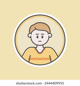 Cute Boy circular avatar illustration with white skin, brown hair and disappointed face.
Orange sweater, yellow background, iconic style, vector line, flat, cartoon.
Isolated 100% fully resizable.