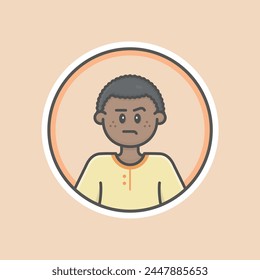 Cute Boy circular avatar illustration with brown skin, black hair and Annoyed face.
Yellow long-sleeve T-shirt, orange background, iconic style, vector line, flat, cartoon, 100% resizable.