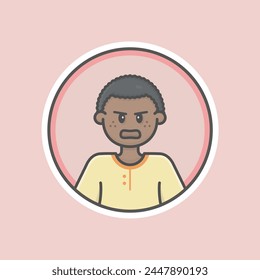 Cute Boy circular avatar illustration with brown skin, black hair and Angry face.
Yellow long-sleeve T-shirt, red background, iconic style, vector line, flat, cartoon, 100% resizable.