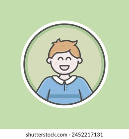 Cute Boy circular fat avatar illustration with white skin, brown hair and delighted face. Blue sweater, green background, iconic style, vector line, flat, cartoon. Isolated 100% fully resizable