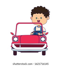 cute boy in classic car over white background, vector illustration