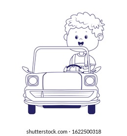 cute boy in classic car over white background, flat design, vector illustration