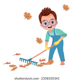 cute boy cleaning dried leaves