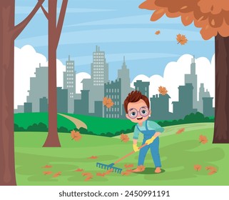 cute boy cleaning dried leaves