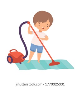 Cute Boy Cleaning The Floor With Vaccuum Cleaner, Preschool Kid Daily Routine Activity Cartoon Vector Illustration