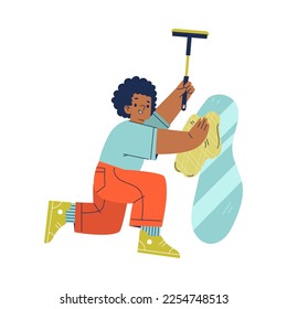 Cute Boy Cleaning and Housekeeping Wiping Mirror Vector Illustration