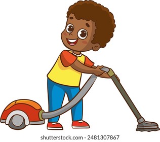 Cute boy cleaning mirror cleaning the floor with vacuum cleaner, home cleaning and homework vector Illustration on a white background