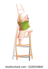 Cute boy climbing ladder, looking up view from the back, smiling happily. Joyful kids cartoon for playground and kids games. Childhood graphic isolated clipart illustration for children.