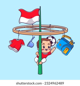 Cute Boy Climbing Slippery Pole in Indonesian Independence Day Cartoon Vector Icon Illustration. People Holiday Icon Concept Isolated Premium Vector. Flat Cartoon Style