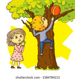 Cute boy climbing tree for ball to help upset girl cartoon. Friendship and relationships, happy childhood and good behavior. Sister and brother, best friends characters. Vector illustration
