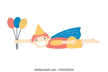 Cute boy with a cloak on his back with balloons flies like a superhero. Vector illustration.