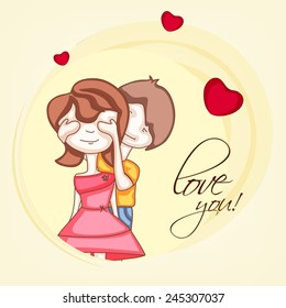 Cute boy closing eyes of his beloved with text Love you on hearts decorated yellow background for Happy Valentines Day celebration.