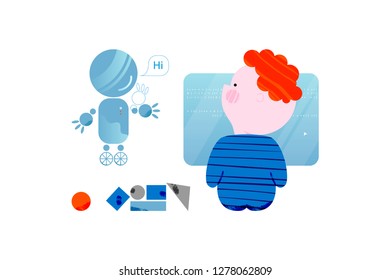 Cute Boy Is Coding Charming Robot. Children Coding And Code Training Design Concept In Flat Style. Cartoon Vector Illustration